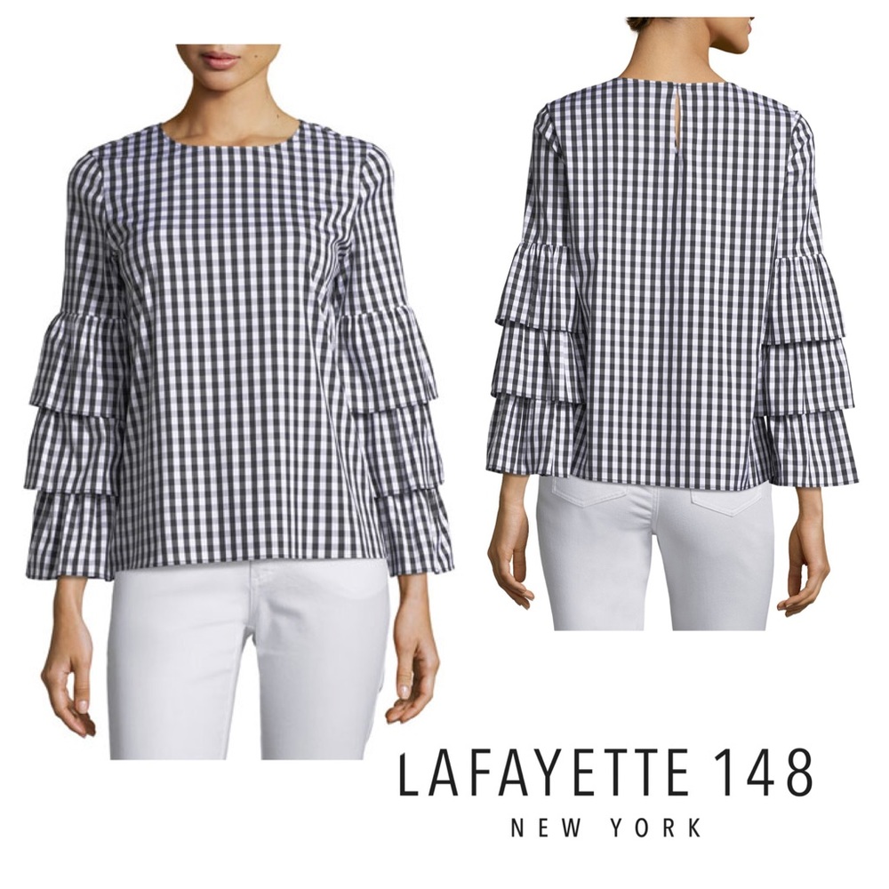 Lafayette 148 New York Revina Ruffle-Sleeve Poplin Plaid Blouse Large